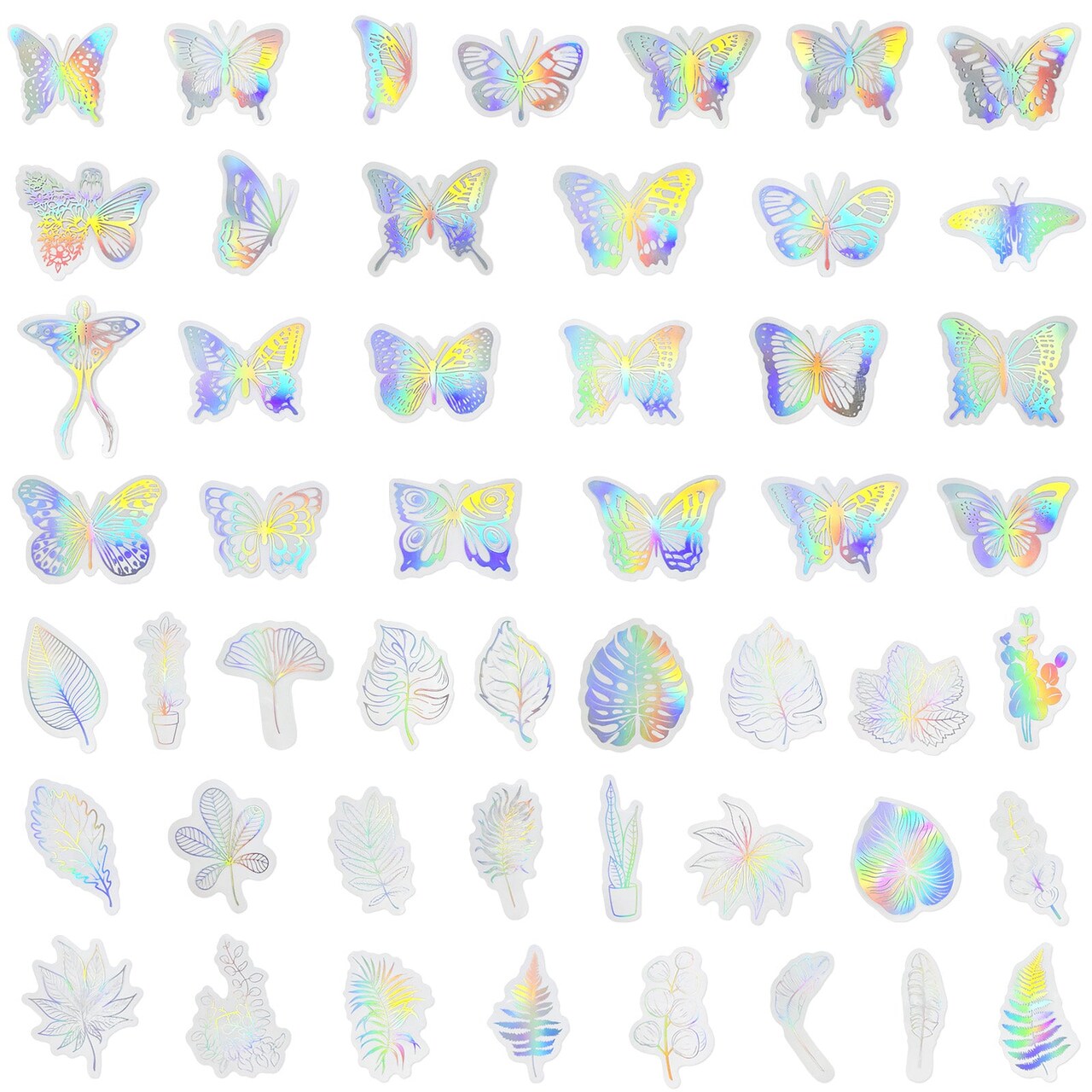 Wrapables Waterproof Transparent Holographic Glitter PET Butterfly and Leaf Stickers for Scrapbooking, Stationery, Journaling, Water Bottles, Phones, Laptops (100pcs)